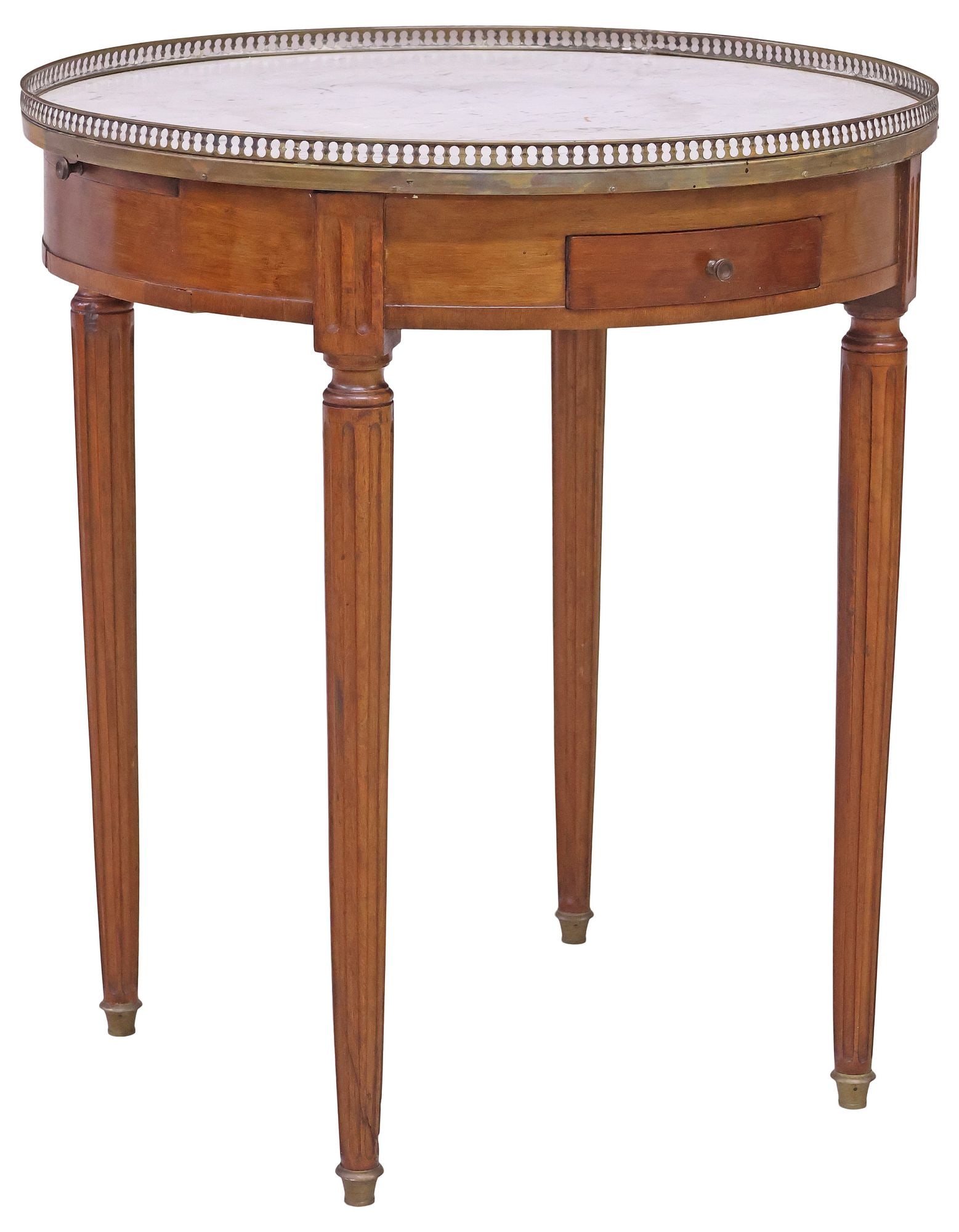 FRENCH LOUIS XVI STYLE MARBLE-TOP MAHOGANY BOUILLOTTE TABLE: French Louis XVI style mahogany bouillotte table, late 19th c., gilt-metal gallery over inset marble top, apron fitted with two drawers and two pull-out slides, on tapering fluted legs, ending on bras