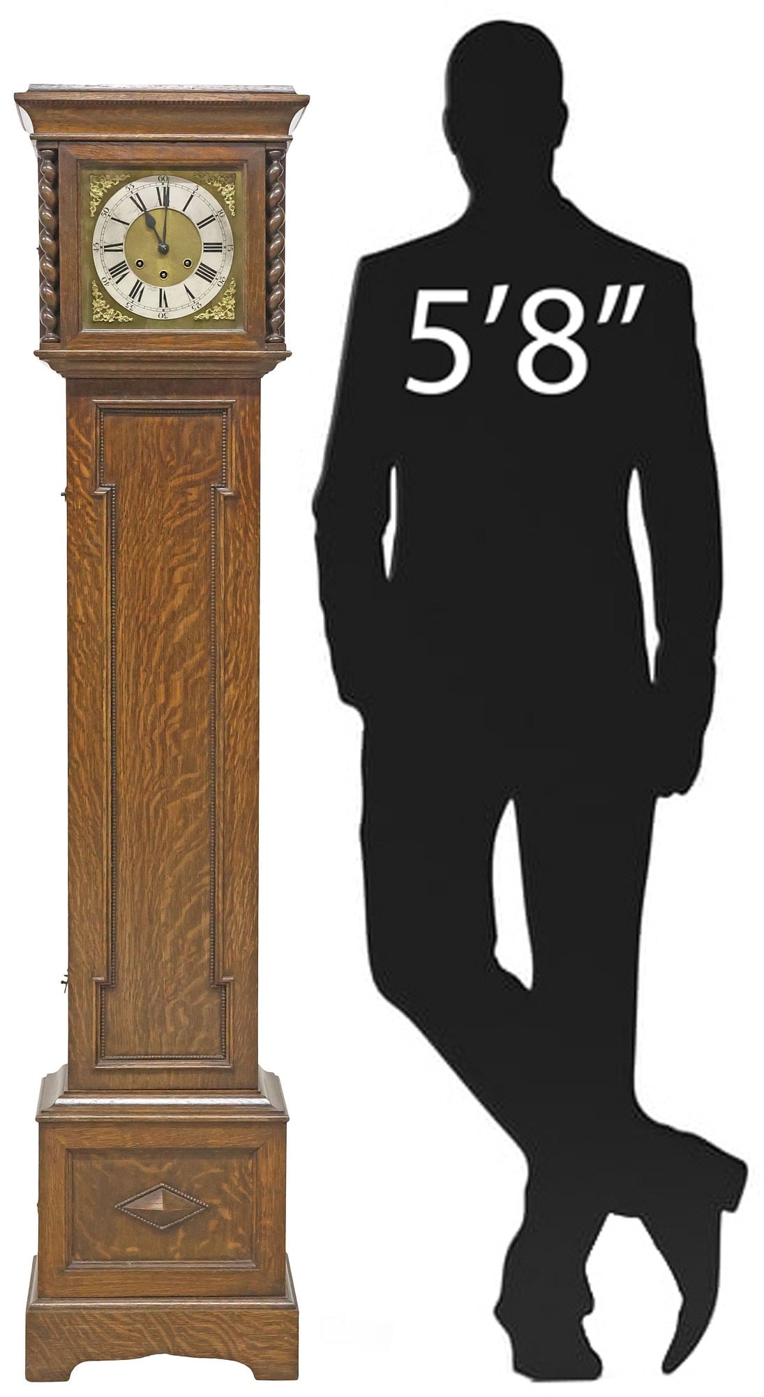 GERMAN GUSTAV BECKER CARVED OAK GRANDFATHER CLOCK: German carved oak longcase clock, Gustav Becker, early 20th c., bonnet with glazed dial viewing window, flanked by spiral twist posts, enclosing enameled silver-tone metal dial with Latin hour markers