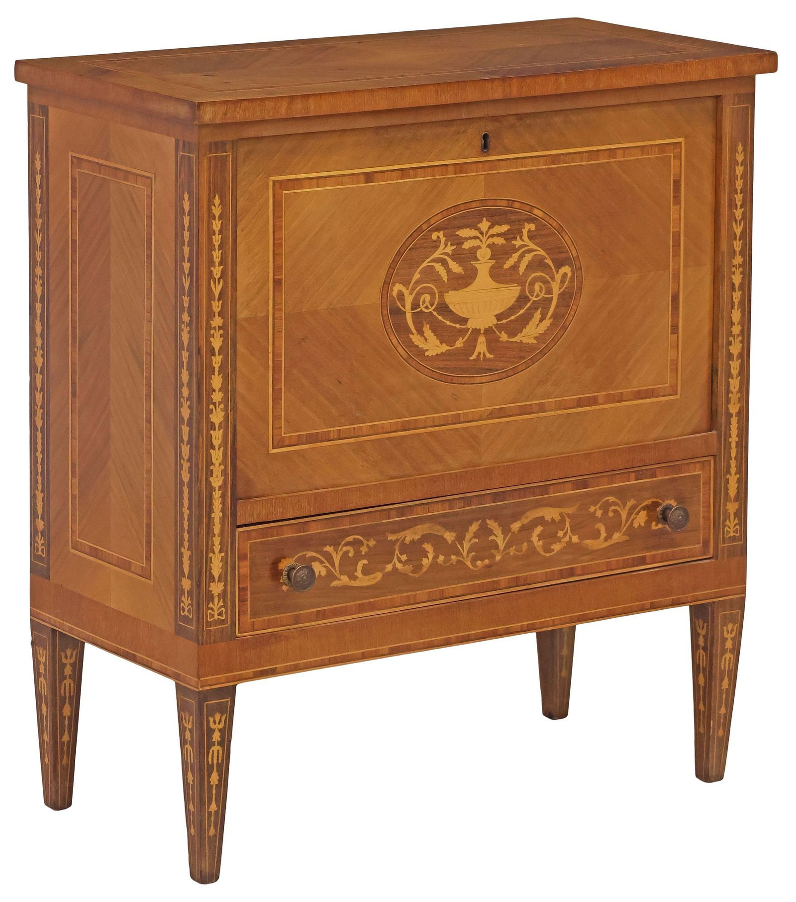 ITALIAN NEOCLASSICAL MAGGIOLINI STYLE INLAID FALL-FRONT SIDE CABINET: Italian Neoclassical style inlaid matched-veneer side cabinet, 20th c., with foliate marquetry and banded trim in the manner of Giuseppe Maggiolini (Italian, 1738-1814), rectangular case with fall-fro
