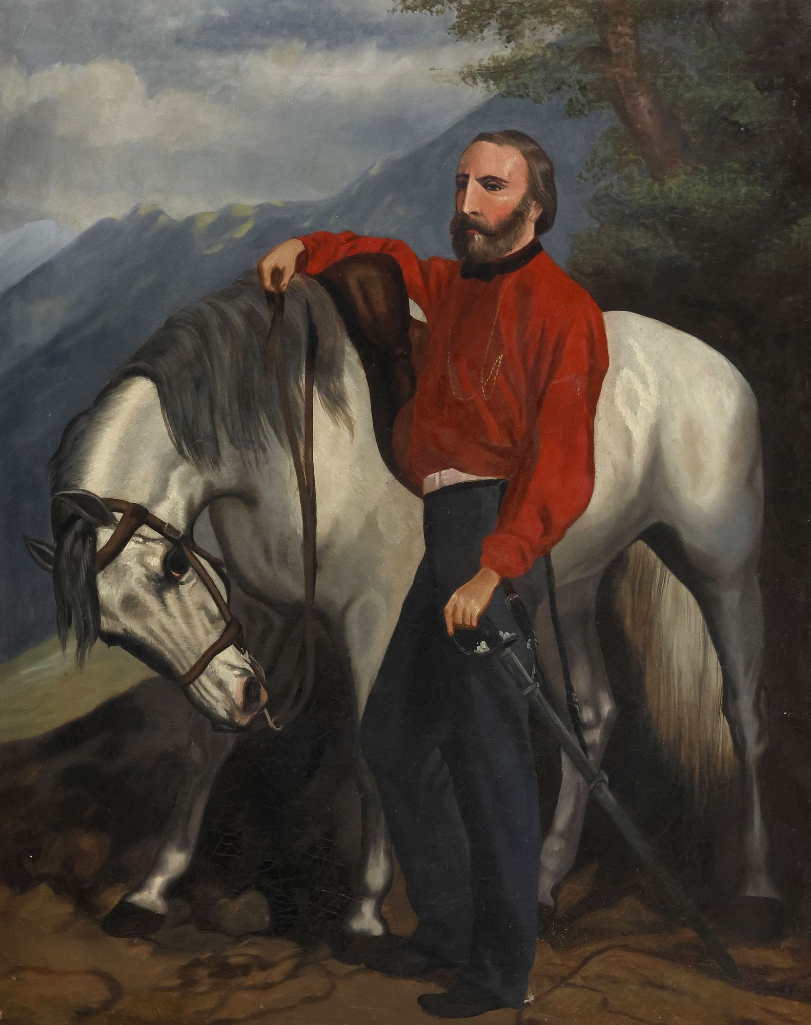 ENGLISH SCHOOL (19TH C.) PORTRAIT PAINTING, CAVALIER & HIS HORSE: Framed English School oil on canvas painting, Portrait of a Cavalier and His Horse, apparently unsigned, sight: approx 29.5"h, 23.5"w, overall: approx 35.75"h, 29.5"w, 12lbs
