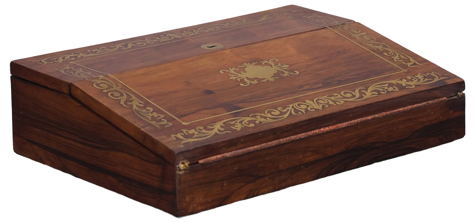 ENGLISH REGENCY BRASS-INLAID ROSEWOOD WRITING SLOPE / TRAVEL DESK: English Regency brass-inlaid rosewood writing slope / travel desk, early 19th c., the case with central vacant cartouche, inlaid with brass string and scrolled foliate borders, lift-top opens to ink r