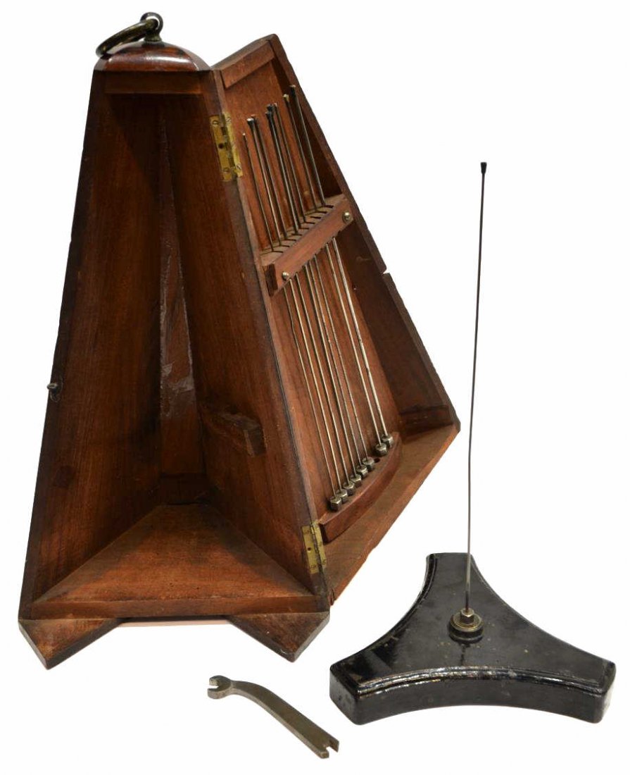 ANTIQUE PYRAMIDAL CASED SCIENTIFIC ROD SET: Antique cased scientific rod set, 19th c., the mahogany case of pyramidal form surmounted by a circular ring, fitted to the interior with an assortment of metal rods of varied size, enameled iron base