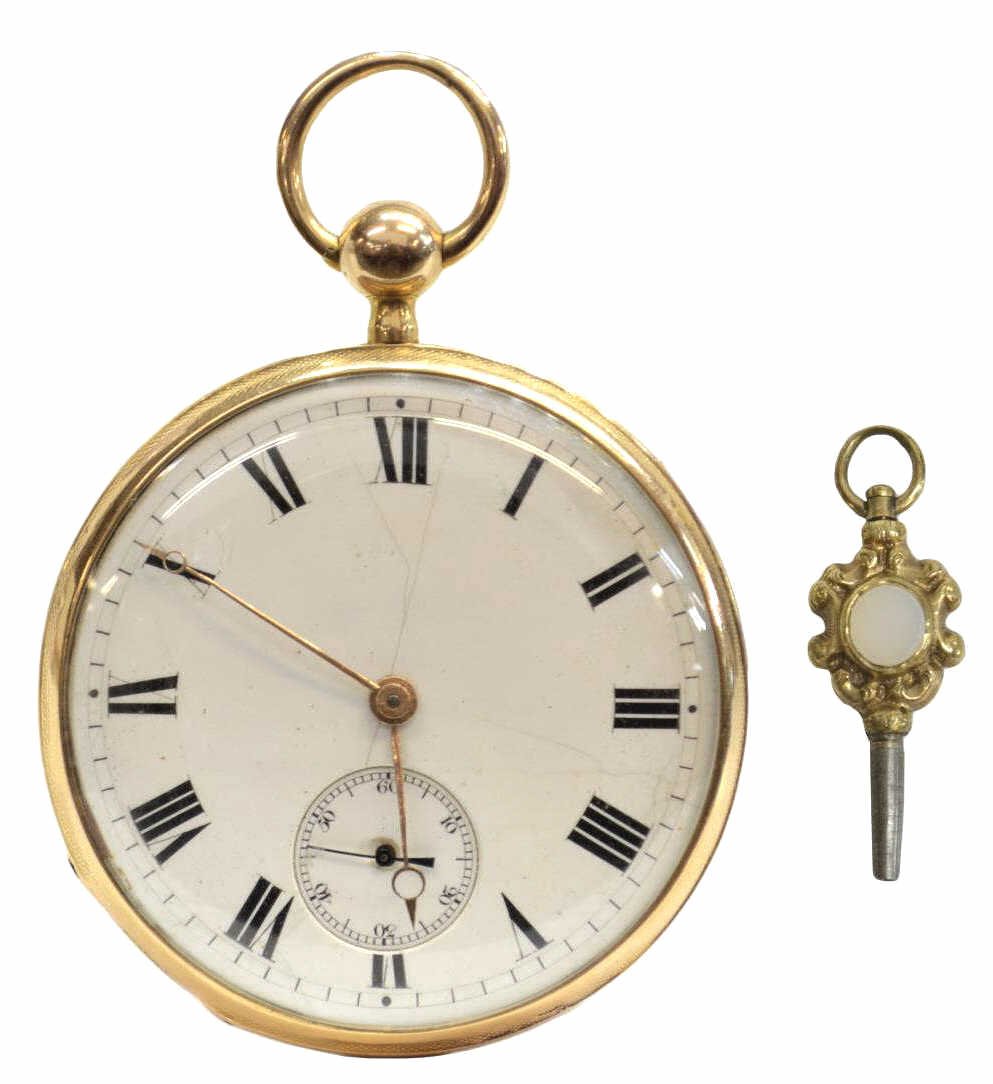 ANTIQUE 14KT SWISS REPEATER GOLD POCKET WATCH: Key wind repeating quarter hour pocket watch, 14kt gold, C.B. Frendler, Swiss, c. 1859, Roman numerals on the porcelain open face dial, subdial with Arabic numerals, interior plate engraved (French): 