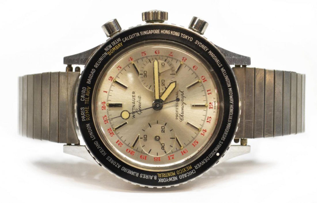 VINTAGE WITTNAUER PROFESSIONAL CHRONOGRAPH WATCH: Vintage gent's Wittnauer Professional Chronograph wristwatch, c. 1960's, large stainless steel case, black bezel enclosing silver tone dial with silver tone hour markers, 24 hour outer register in bol