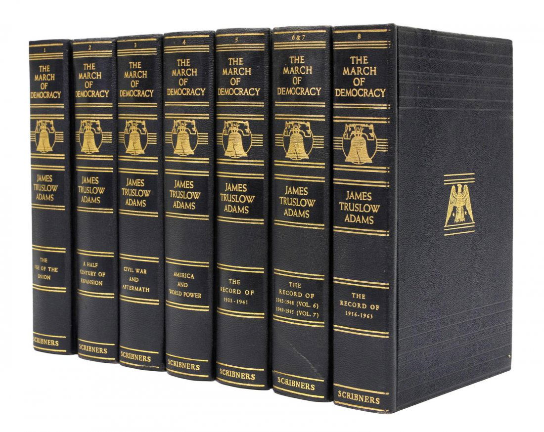 (7) BOOKS: "MARCH OF DEMOCRACY" HISTORY OF U.S.: (7 volumes) Books: "The March of Democracy, A History of the United States", James Truslow Adams, Charles Scribner's Sons, New York, 1933-1956, black cloth, gilt lettering at spine, illustrated, the f