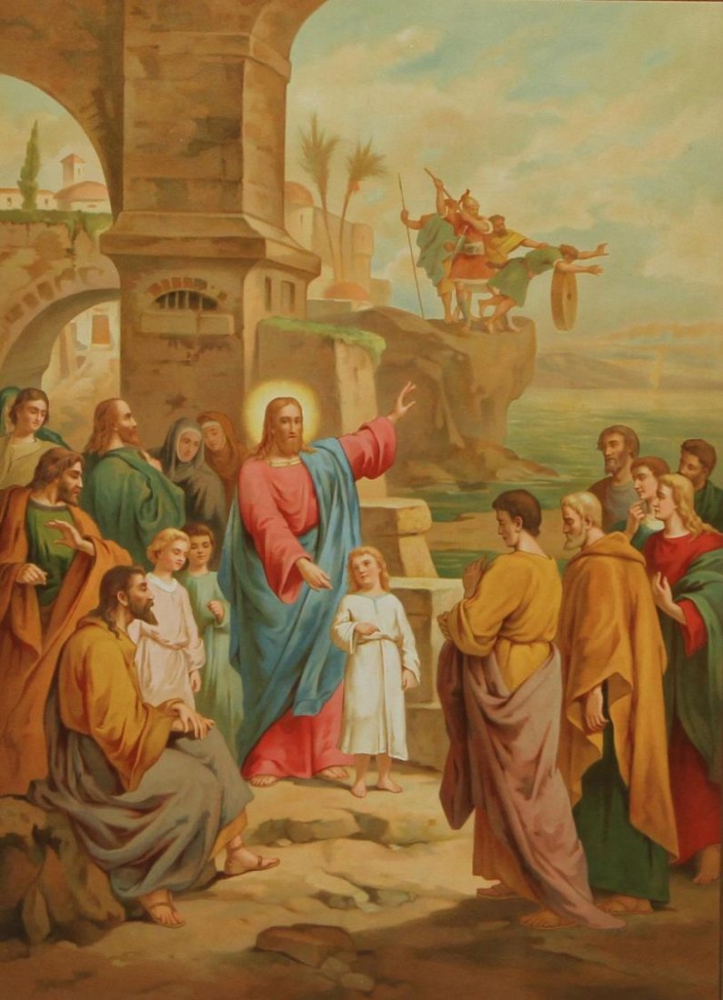 FRENCH ANTIQUE RELIGIOUS PRINT, LES COMMANDEMENTS: Framed French religious print, c. 1900, 'Les Commandements, Cinquième Commandement de Dieu (suite): Homieide point ne seras, De fait no volontairement.’, plate 39, religious scene taken from the Ro