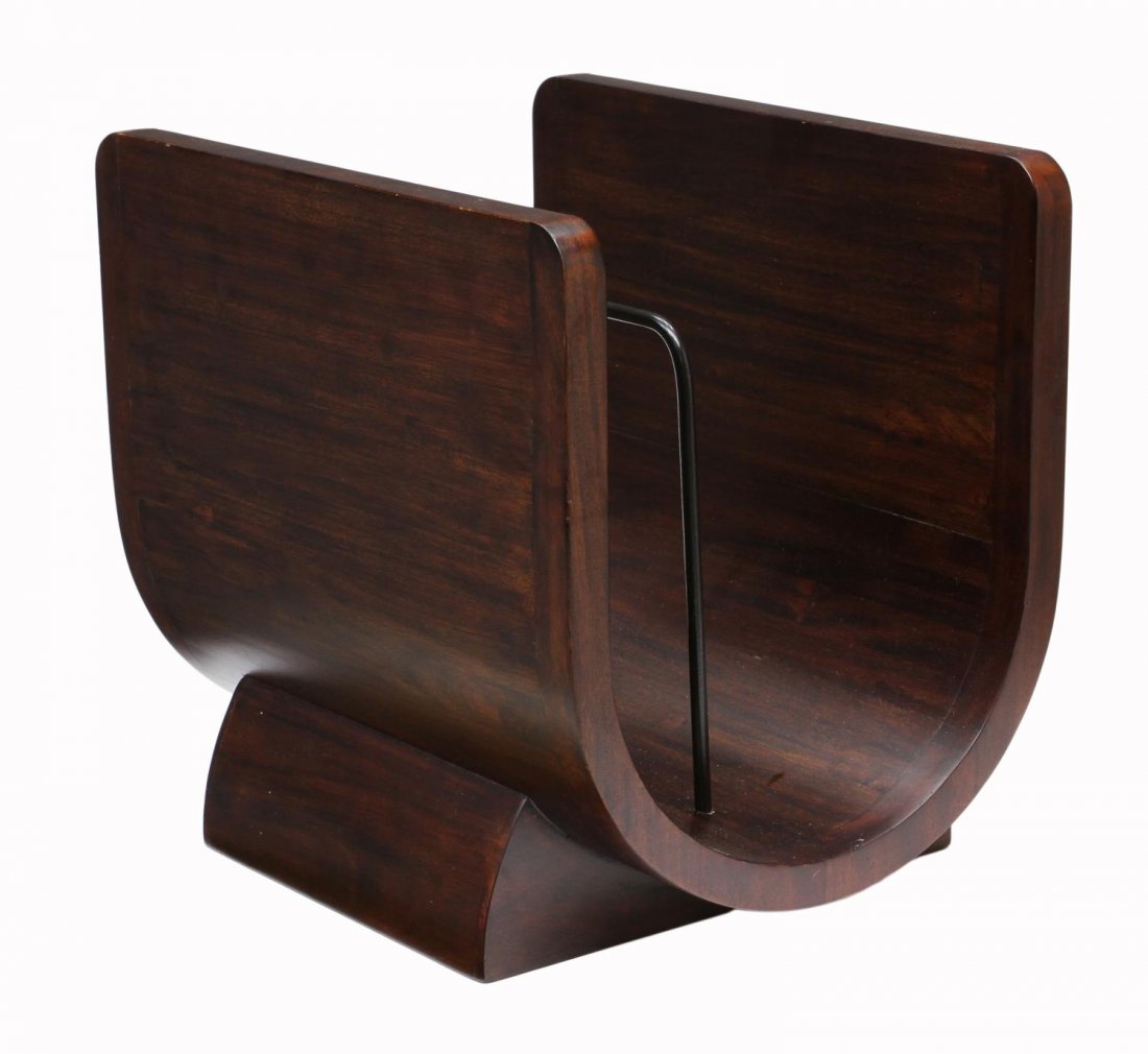 FRONTGATE BENTWOOD MAGAZINE RACK: Mahogany bentwood magazine rack by Frontgate, a steel divider at center, 33"h, 30"w, 12"d Start Price: $50.00