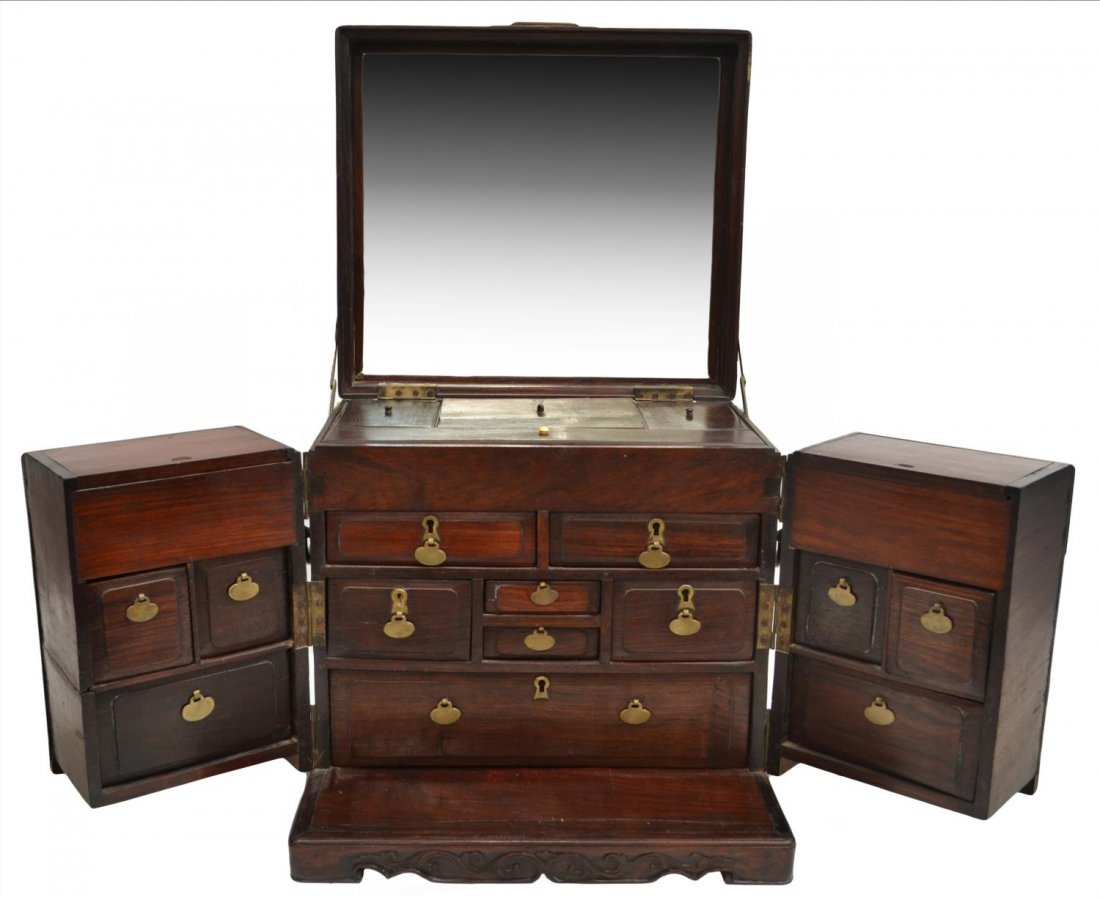 LARGE ANTIQUE CHINESE HARDWOOD DRESSING CASE: Chinese mixed hardwood dressing case, dovetailed construction on the rectangular case, the hinged lid set to the interior with a mirror above lidded compartments, a pair of flush mounted doors fitted 