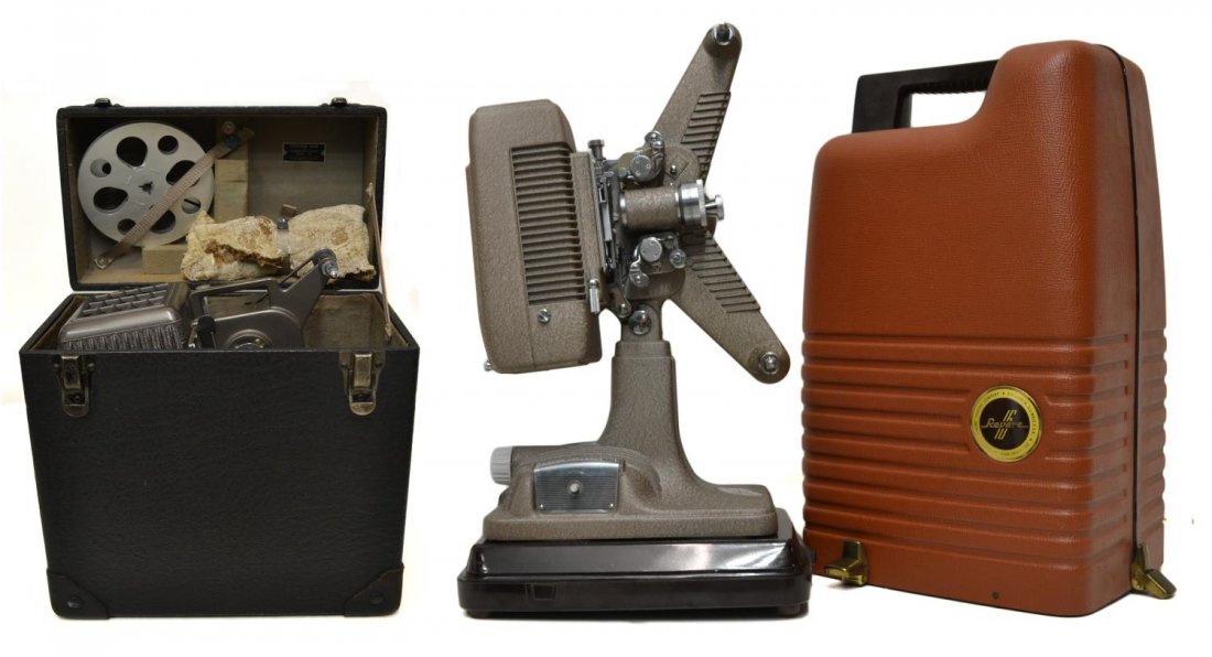 (2) VINTAGE MOVIE PROJECTORS, REVERE, KODASCOPE: (lot of 2) Film projectors: (1) Revere, 16mm, Model 48; (1) Kodascope, 8mm, Model 70, both using the same power cord and come on when plugged to electric source, largest 19"h, 10.5"w, 9.5"d, 31lbs **P