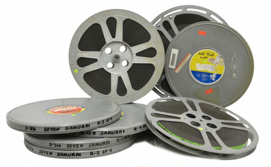 (5)16MM MOVIES, SEVEN SAMURAI, MARK OF ZORRO, MORE: (lot 5) 16mm movies: (4 reels) Seven Samurai; (2 reels) Of Human Bondage; (2 reels) The General; (3 reels) Mark of Zorro; (1 reel) Hold That Lion, largest reel: 15"d, total: 55lbs **Provenance: The Ri