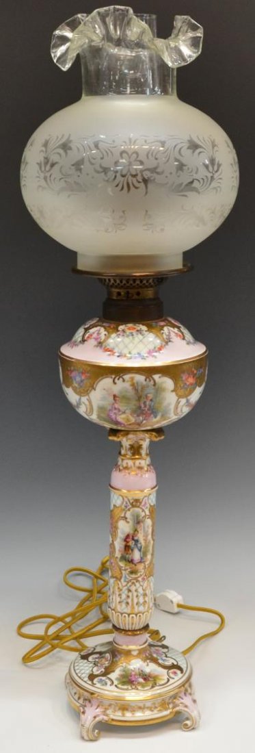 ROYAL VIENNA STYLE HAND-PAINTED BANQUET LAMP: Royal Vienna style hand-painted porcelain banquet lamp, the font having polychrome floral sprays and swag, lattice patterns, and enameled gilt detail enclosing various reserves of a courting couple in