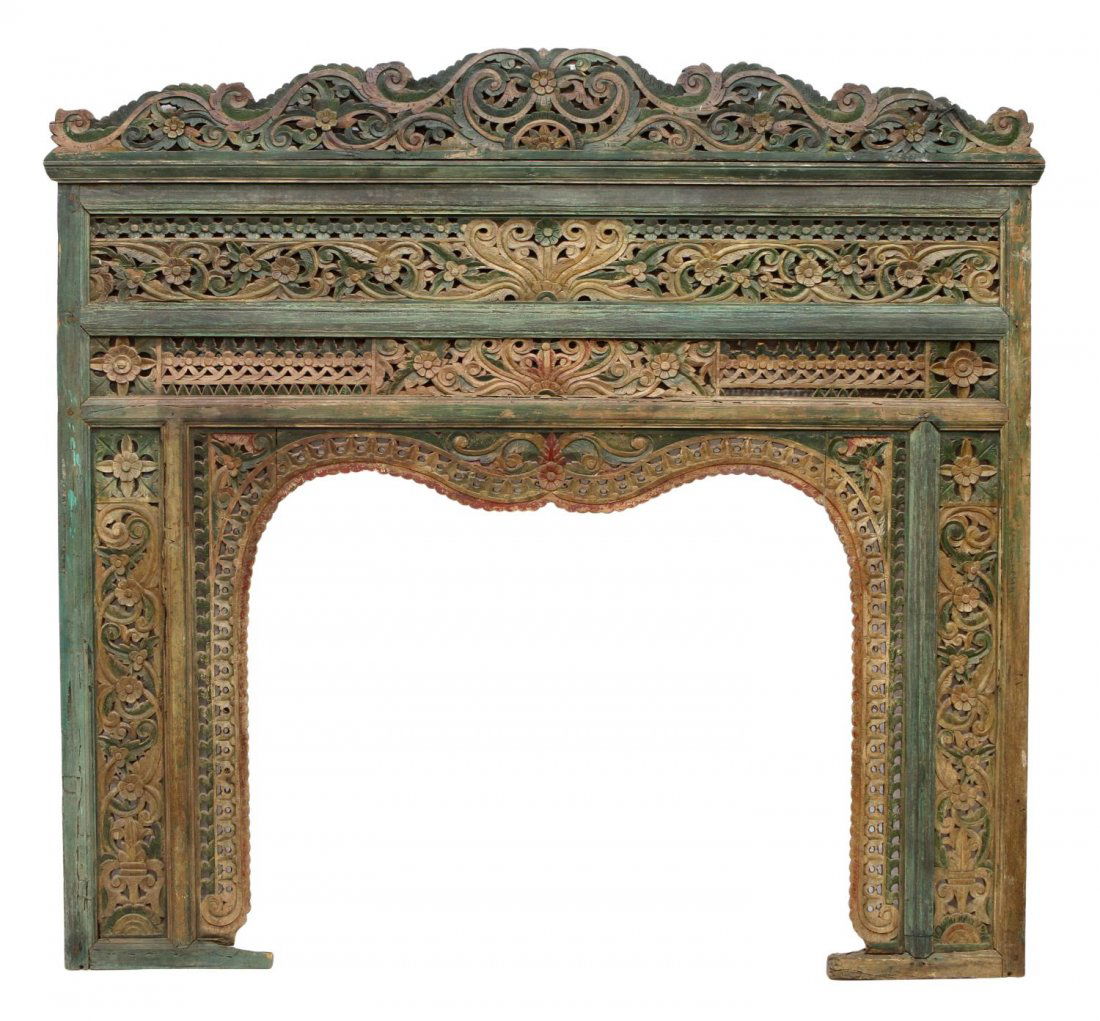 VINTAGE CARVED BALI POLYCHROME BED PANEL: Vintage highly pierce carved Bali, Indonesia polychrome panel, suitable for use as a bed headboard or mirror frame, 65.75"h, 70"w Start Price: $100.00