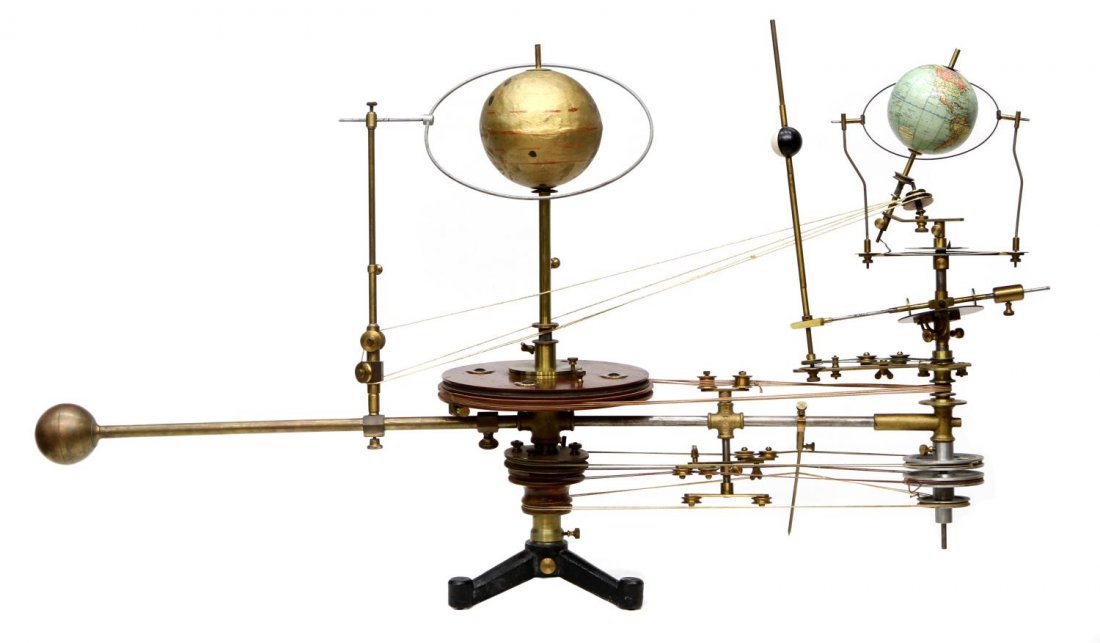 VINGTAGE ORRERY WITH PHILIPS 4" GRAPHIC GLOBE: An orrery, designed to illustrate the relative positions of the sun, earth and moon, constructed of steel, wood, brass, all on a cast iron base, the earth globe marked "Philips 4" Graphic Globe", turn