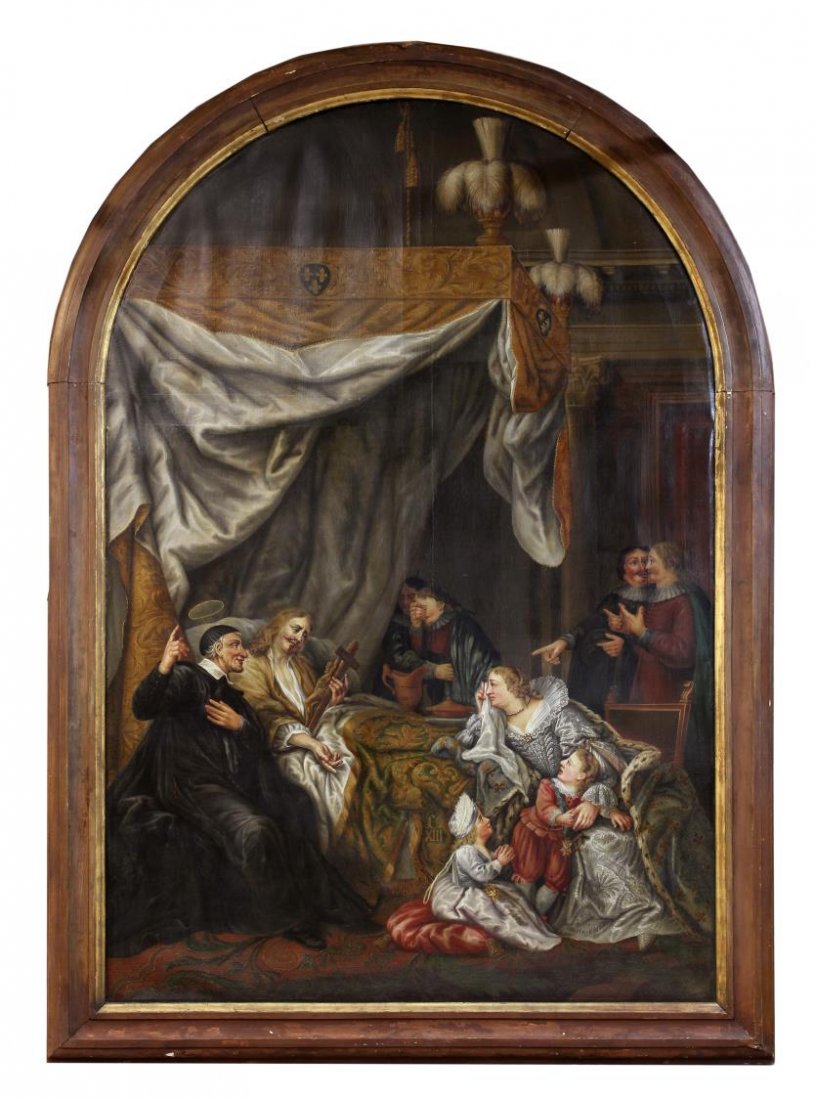 PAINTING, ST. VINCENT DE PAUL & LOUIS XIII, 139"H: Framed antique religious oil painting on canvas, 19th c., St. Vincent de Paul (France, 1581-1660) at the Deathbed of Louis XIII (King of France, b.1601-d.1643), not signed, sight: 122"h, 79.5"w, overa