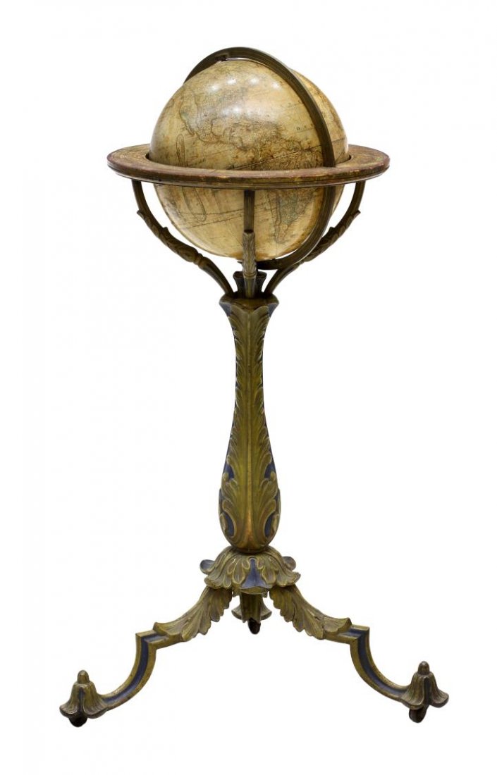 LORING'S 1855 GLOBE ON ORIGINAL PEDESTAL STAND: "Loring’s Terrestrial Globe Containing, all the Late Discoveries and Geographical Improvements, Tracks of the Most Celebrated Circumnavigators. Compiled from Smith’s New English Globe, with Additi