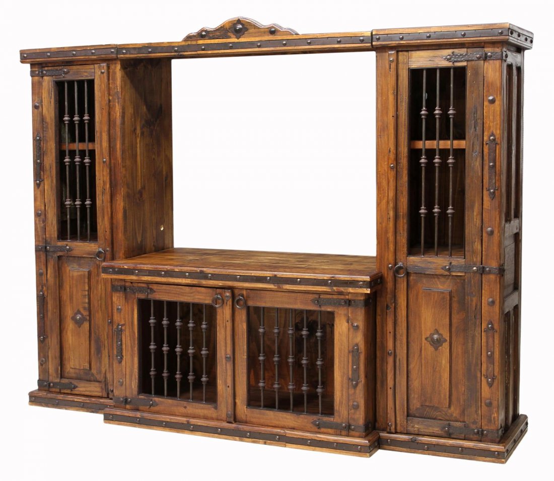 LARGE RUSTIC PINE & IRON ENTERTAINMENT CENTER