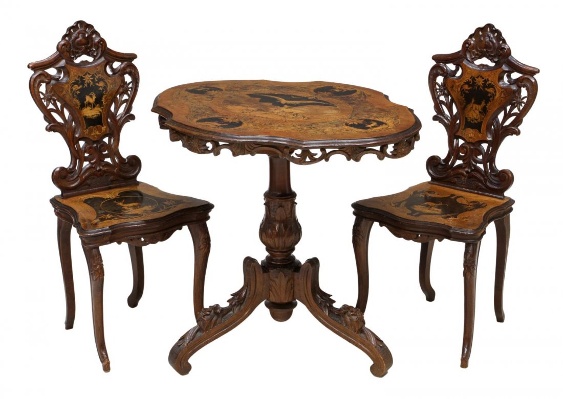 (3) SWISS BLACK FOREST MARQUETRY PARLOR SUITE: (set of 3) Swiss Black Forest marquetry parlor suite, 19th c., comprising: (1) tilt-top table, the shaped top reserved with wildlife and foliates, an eagle in flight and chamois amid a mountainous lan