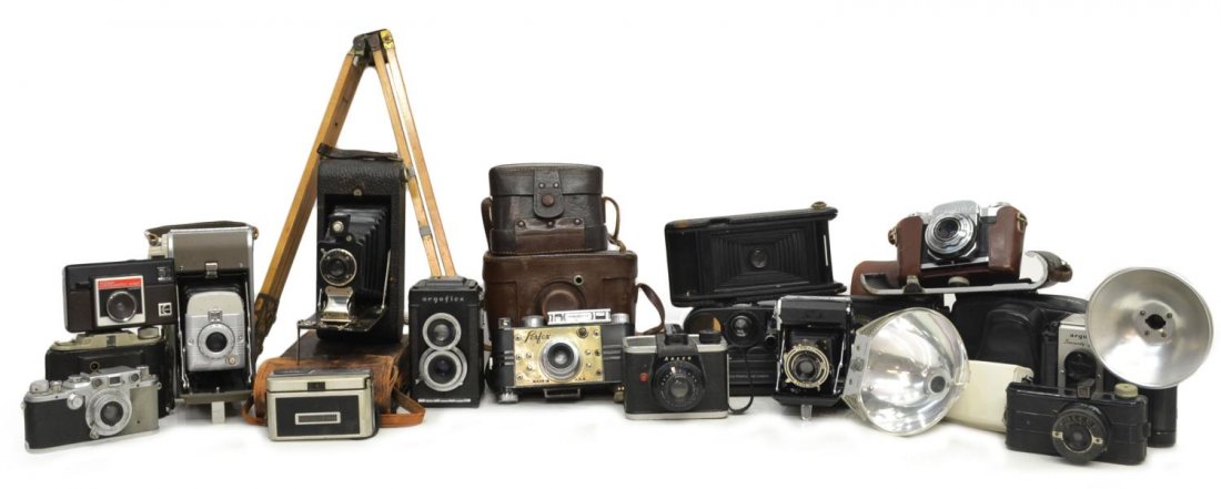 GROUP OF ASSORTED VINTAGE CAMERAS & ACCESORIES: (lot) Collection of vintage cameras and accessories, highlights including a German Lecia, an Argus Argoflex, a No. 3 Folding Hawk-Eye Special, a Perfex, a Zeiss Ikon Contaflex, a Kodak Jiffy, a M80 Po