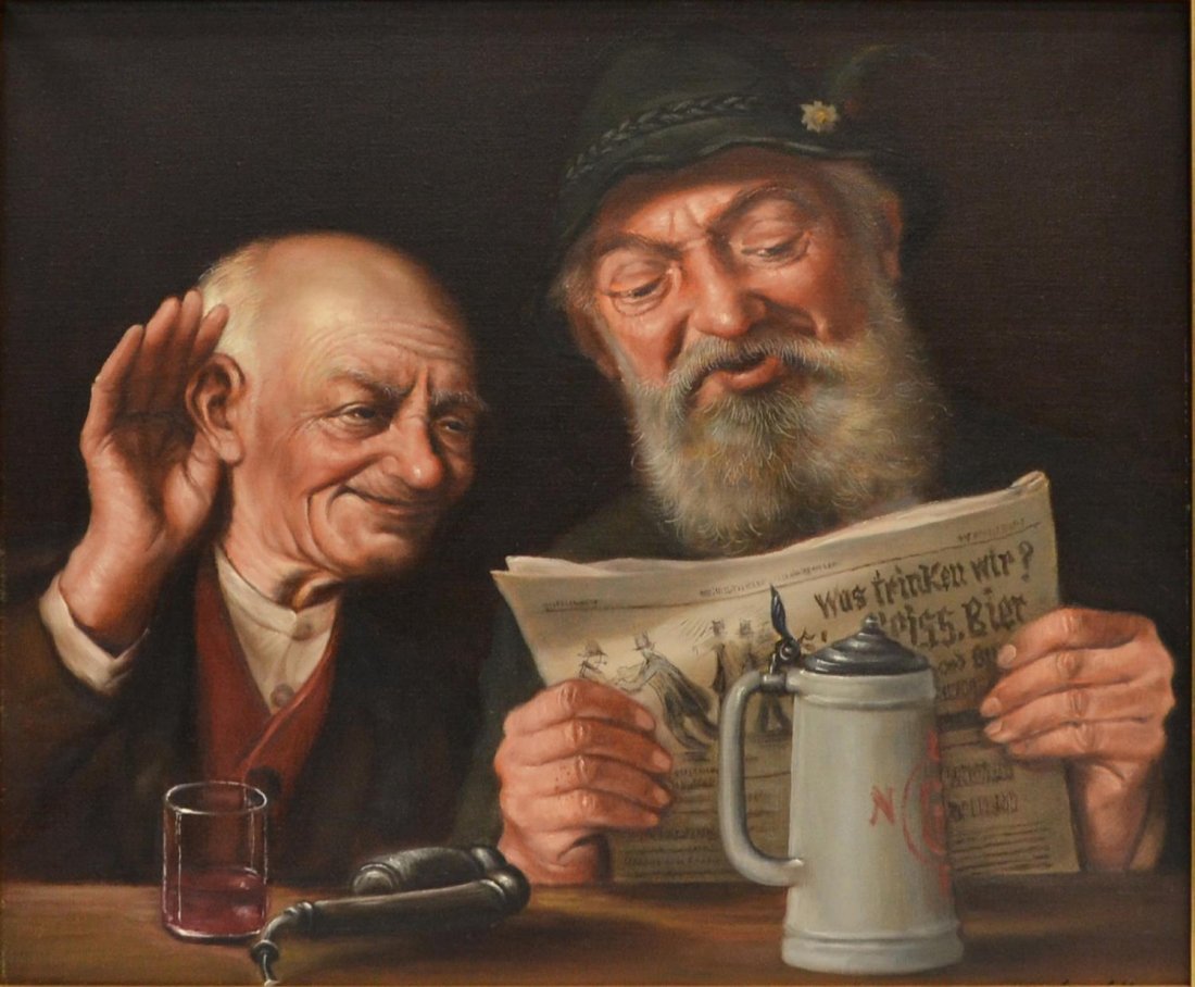 PAINTING,TWO MEN READING & DRINKING,GERMAN SCHOOL: Framed oil painting on canvas, Two men Reading the Paper whilst Drinking, German School, 20th c., signed illegibly lower right, sight: 19"h, 23"w, overall: 25"h, 29"w, 6.25lbs Start Price: $150.00