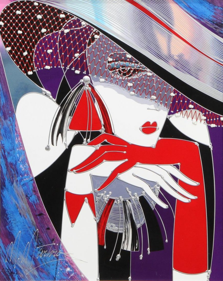 SERIGRAPH: "SOPHISTICATED" MARTIROS MANOUKIAN: Hand embellished serigraph print, "Sophisticated" signed lower left M. Martiro (Martiros Manoukian, Armenia, United States, b.1947), mixed media embellishments, sight: 28"h, 22.5"w, overall: 39.5"h, 3