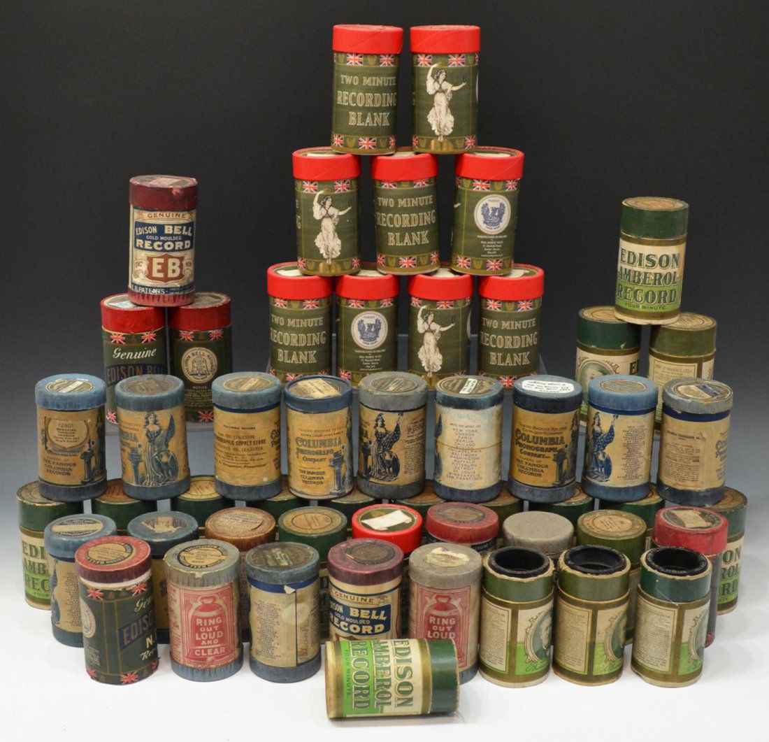 (52) THOMAS EDISON, P. MORRIS & COLUMBIA CYLINDERS: (lot of 52) Large collection of phonograph wax cylinders, manufacturers including Thomas Edison, Paul Morris (UK), Columbia Company, etc., various titles, two and four minute, some lacking original to