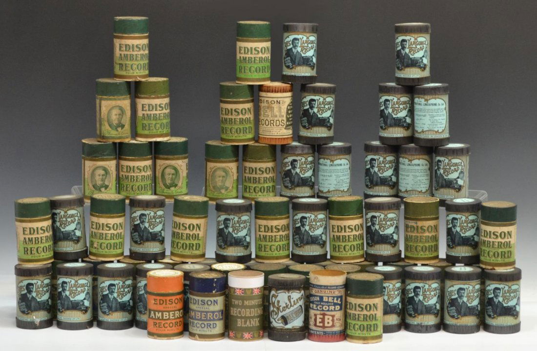 (65) THOMAS EDISON & RUSSEL HUNTING CO. CYLINDERS: (lot of 65) Large collection of Thomas Edison and Russel Hunting Records Company (UK) phonograph wax cylinders, various titles and language courses, two and four minute, three cases lacking cylinders,