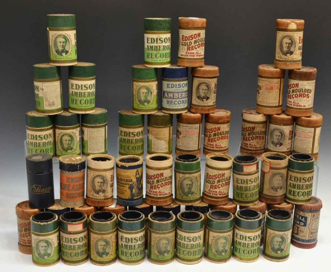(51) GROUP OF THOMAS EDISON PHONOGRAPH CYLINDERS: (lot of 51) Large collection of Thomas Edison phonograph wax cylinders, various titles, two and four minute, some lacking original tops to cases, overall wear due to age and use, not tested, 4.5"h, 2.