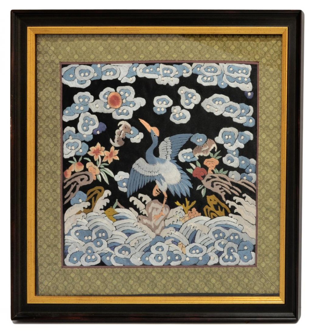 CHINESE EMBROIDERED MANDARIN SQUARE/RANK BADGE: Chinese embroidered Mandarin civil service rank square, the badge featuring a central bird flanked by two bats amid blue clouds and flowers, sight: 10.25"h, 11.25"w, overall: 15.75"h, 16.75"w, 3lbs St