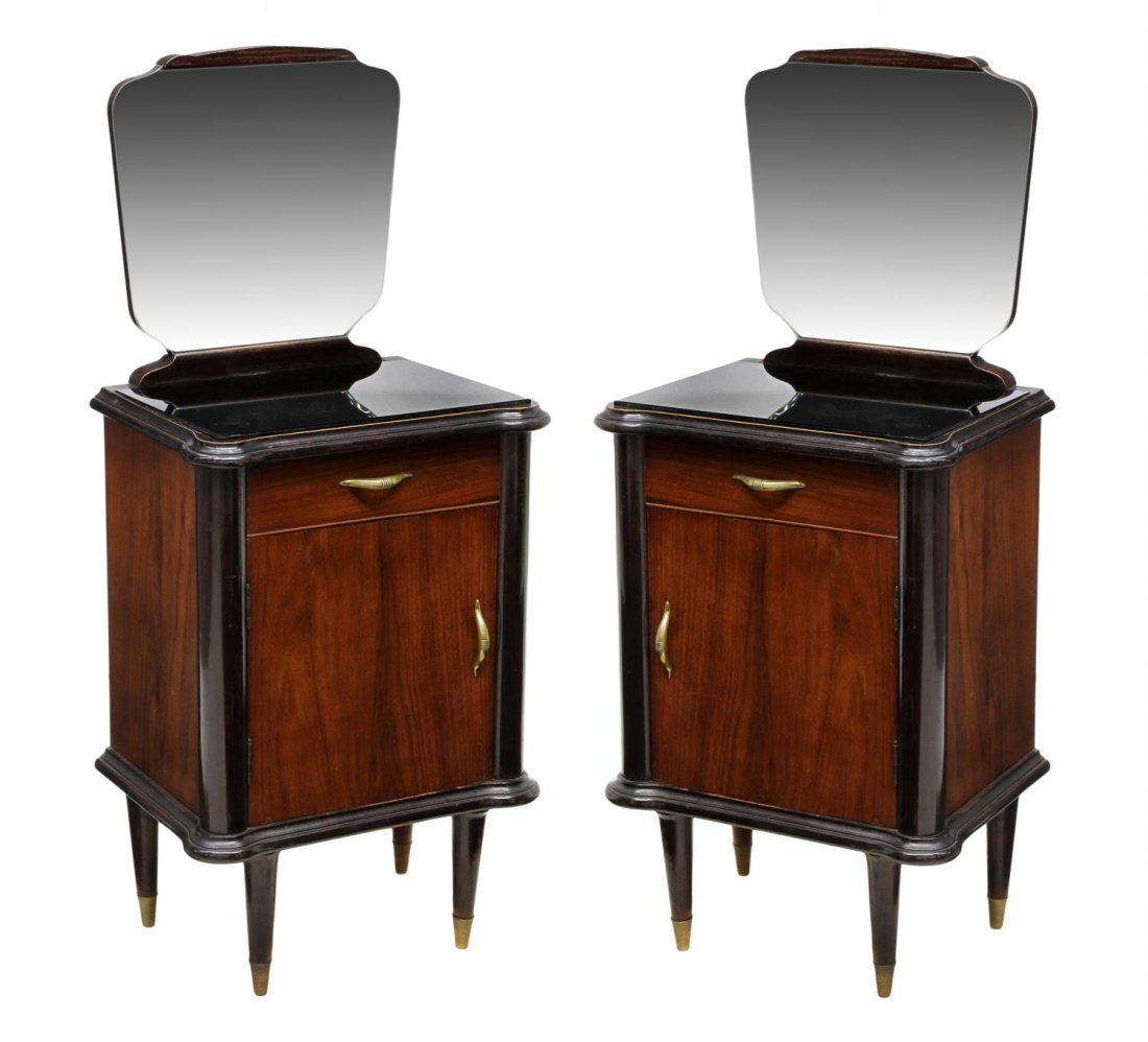 (2) ITALIAN ART DECO MIRROR BACK BED SIDE CABINETS: (2) Italian Art Deco nightstands, c. 1930, each with a mirror back over the black glass top, a frieze drawer over a single door, all rising on tapered turned legs, 45"h, 19.5"w, 14.5"d Start Price: $8