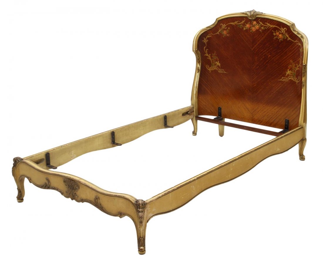LOUIS XV STYLE SINGLE SIZE BED: American Louis XV style parcel gilt single size bed, 1920's, a floral decorated curved side painted mahogany headboard , low footboard, cabriole legs with scroll feet, 44.75"h, 42"w, 80"l Start Price: