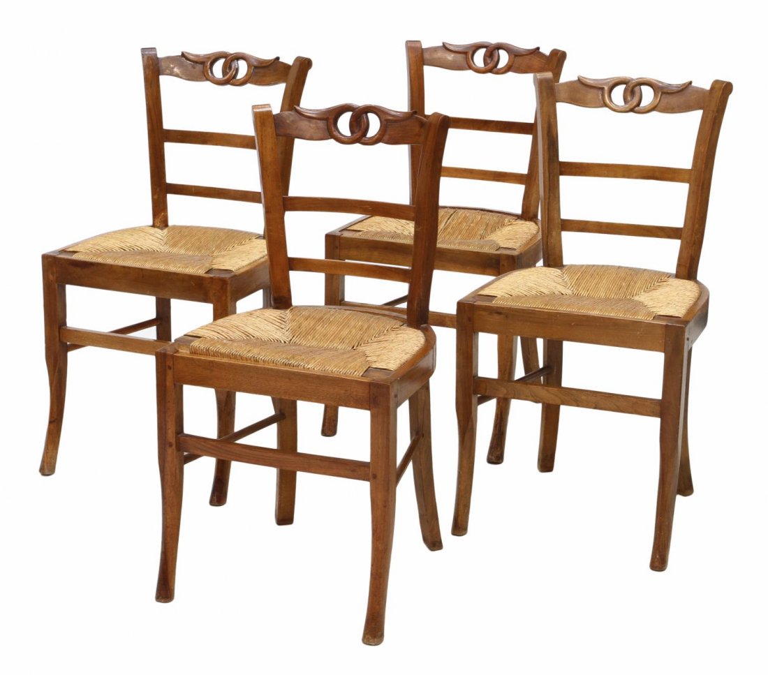 (4) LADDER BACK RUSH SEAT CHAIRS: (4) Ladder back chairs, the crest rail with carved closed loops, a removable rush seat, on saber legs, 33.5"h, 17.5"w, 17"d Start Price: $80.00