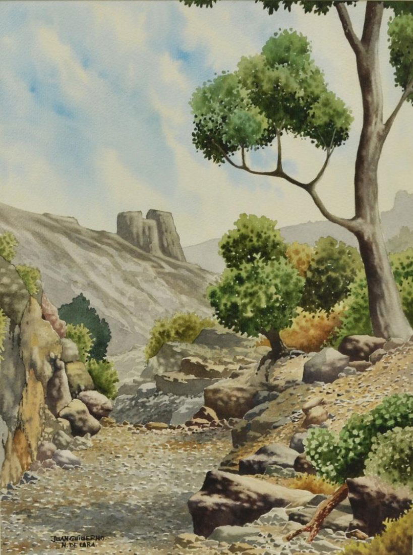PAINTING: DESERT & MOUNTAINS, JUAN DE LARA, SPAIN: Framed watercolor painting, Desert and Mountains, signed lower left Juan Guillermo M. De Lara (Juan Guillermo Manrique de Lara Millares, Spain, b. 1954), sight: 21.5"h, 16.25"w, overall: 29.75"h, 24"w