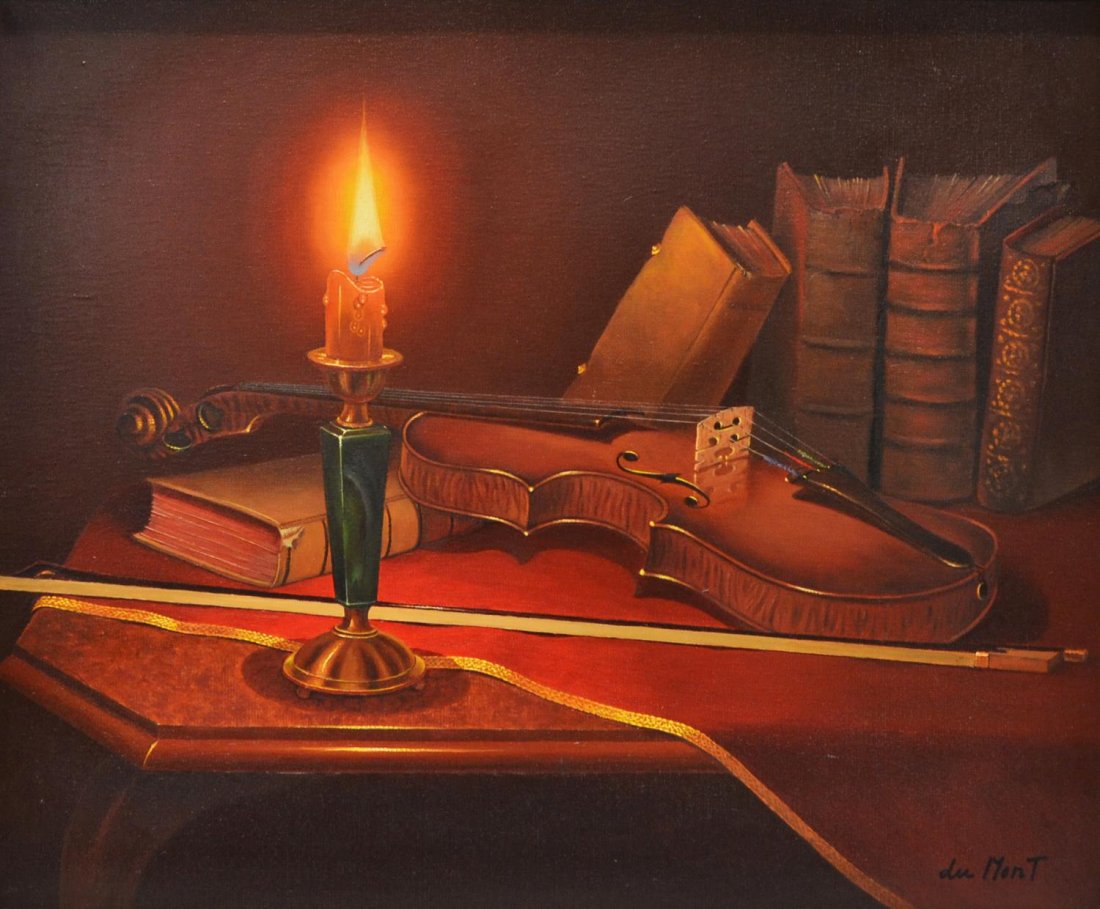 OIL PAINTING, STILL LIFE WITH VIOLIN, DU MONT: Framed oil painting on canvas, Still Life with Violin and Burning Candle, signed lower right du Mont, stamped verso 'Viktoria Maltuch' verso, sight: 19"h, 23"w, overall: 25.25"h, 29.25"w, 4.75lbs Star