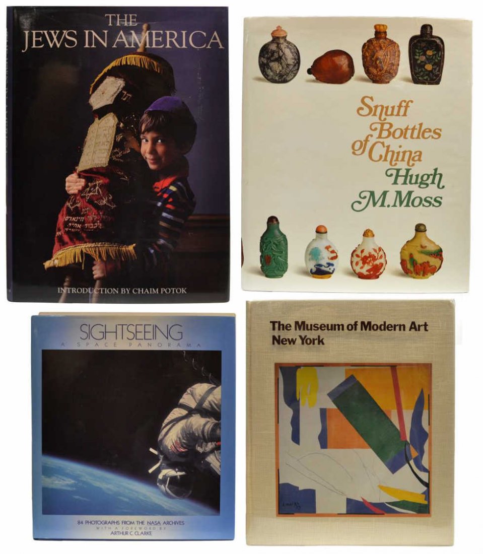 (4) GROUP OF ASSORTED COLLECTIBLE & TABLE BOOKS: (lot of 4) Collection of hardback books, comprising: (1) Hugh M. Moss, "Snuff Bottles of China", Bibelot Publishers Limited, London, England, 1971, 13.5"h, 11.25"w, 1"d; (1) J. Curtis Sanburn, "The Je