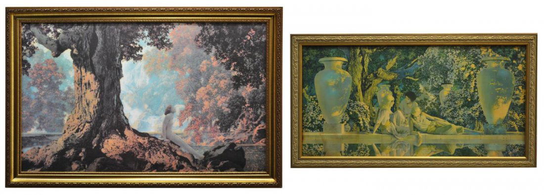 (2) MAXFIELD PARRISH PRINTS, SPRINGTIME & ALLAH: (lot of 2) Framed prints, Maxfield Parrish ( American, 1870-1966: (1)after Parish "Dreaming" (also known as "October), a reproduction, sight: 19.25"h, 31.25"w, overall: 23.25"h, 35.5"w; (1) "In the Ga