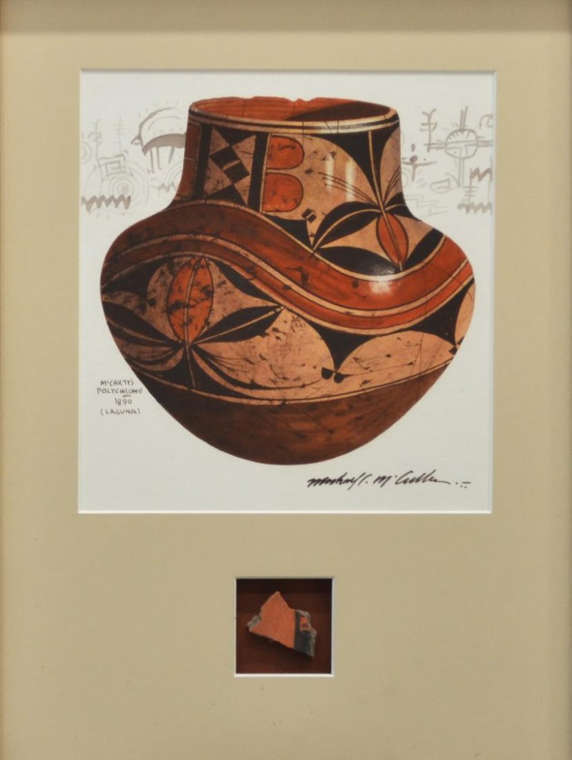 PAINTING: McCARTY'S POLYCHROME, MICHAEL McCULLOUGH: Framed watercolor on paper, "McCarty's Polychrome, 1890 (Laguna), signed lower right Michael McCullough (Native American, Choctaw, b.1951), framed above a pottery shard with information regarding its'
