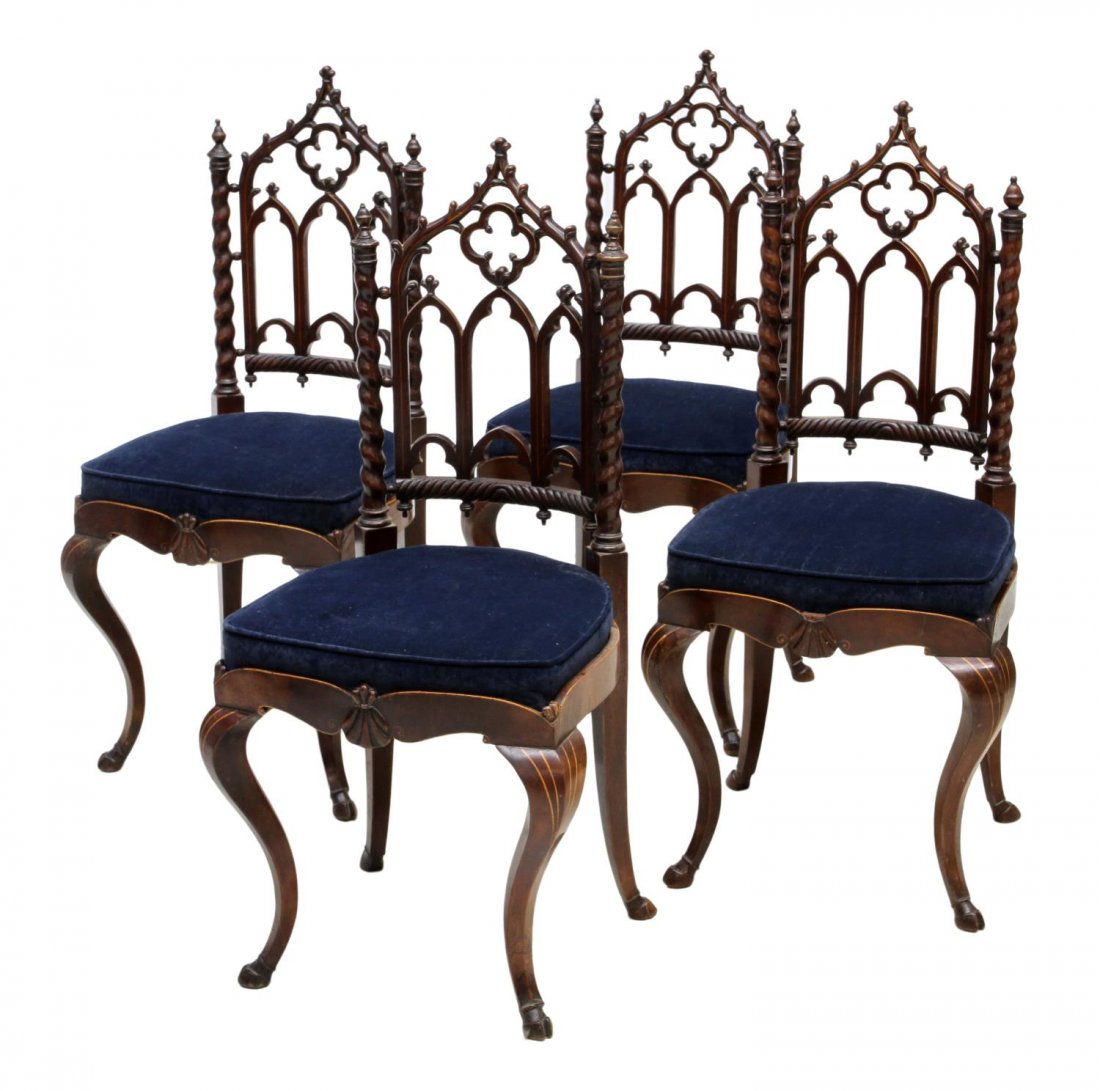 (4) GOTHIC REVIVAL SLIPPER CHAIRS: (lot of 4) French Renaissance Revival mahogany chairs, c. 1900, each with pierce carved backs in the Gothic manner with twist columns flanking pierced arches, later removable cushions, rising on strin