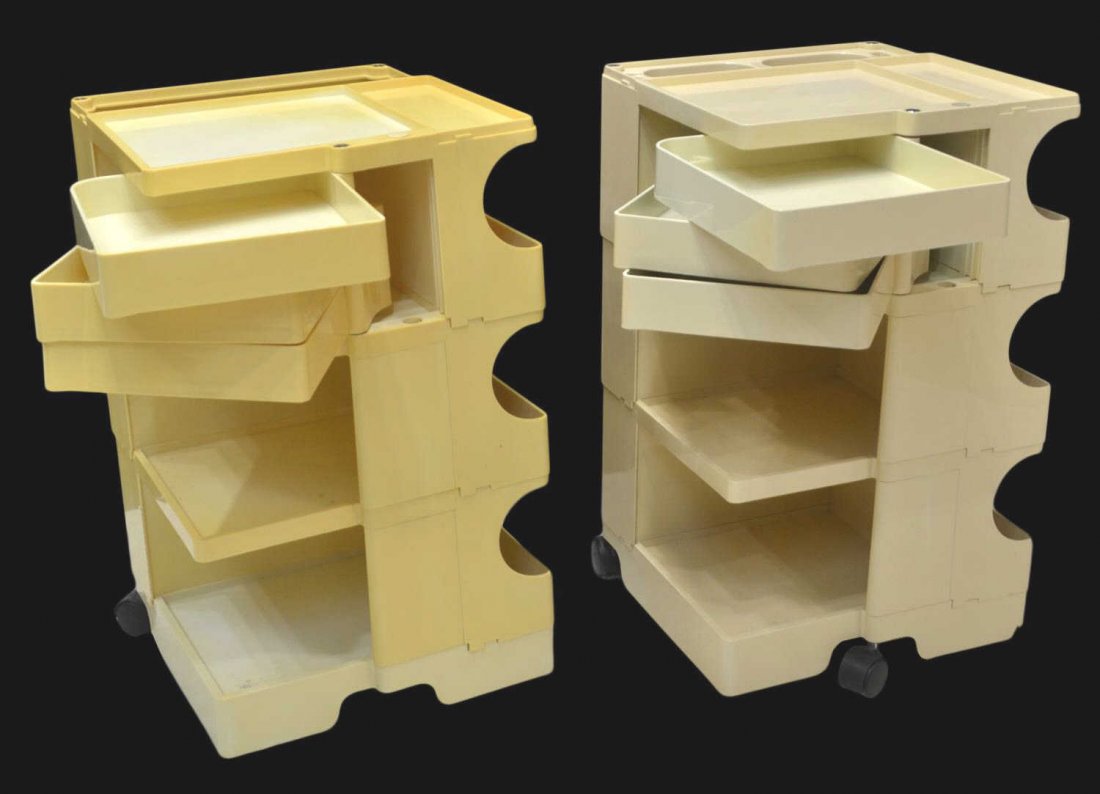 (2) ITALIAN MID-CENTURY 'BOBY CART' & PLASTIC CART: (lot of 2) Italian mid-century ‘boby cart’, designed by Joe Colombo (Joseph Cesare Colombo, Italian, 1930-1971), cream plastic with swing out trays, shelves, and bins, signed; together with (1) pl