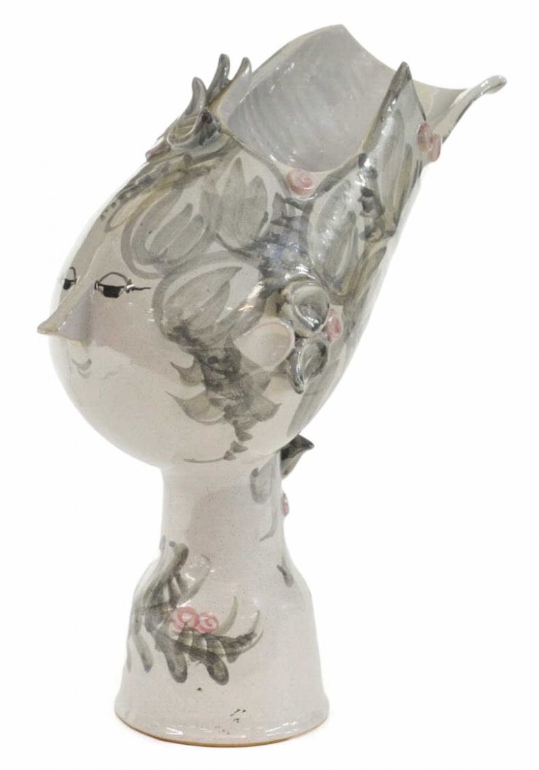 DANISH BJORN WIINBLAD TITANIA FIGURAL HEAD VASE: Danish figural art pottery Titania head vase, Bjorn Wiinblad (1918-2006), dated 1970, female head with rose accents in a grey glossy glaze, signed V20, 70, Danmark underfoot, approx 11"h, 5"d, 9"d, 2.