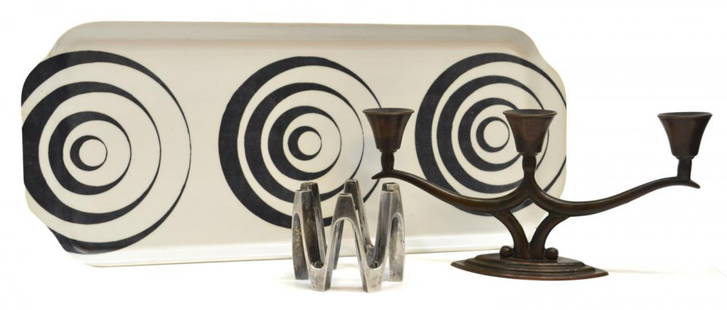 (3) SCARCE ASTRID SAMPE MOLDED TRAY & METALWARE: (lot of 3) A Swedish molded plywood tray with black and white optic textile design, Astrid Sampe (Swedish, textile designer 1909-2002) for ARY, retaining original makers tag, approx 8.5"w, 19.5"l; (1)
