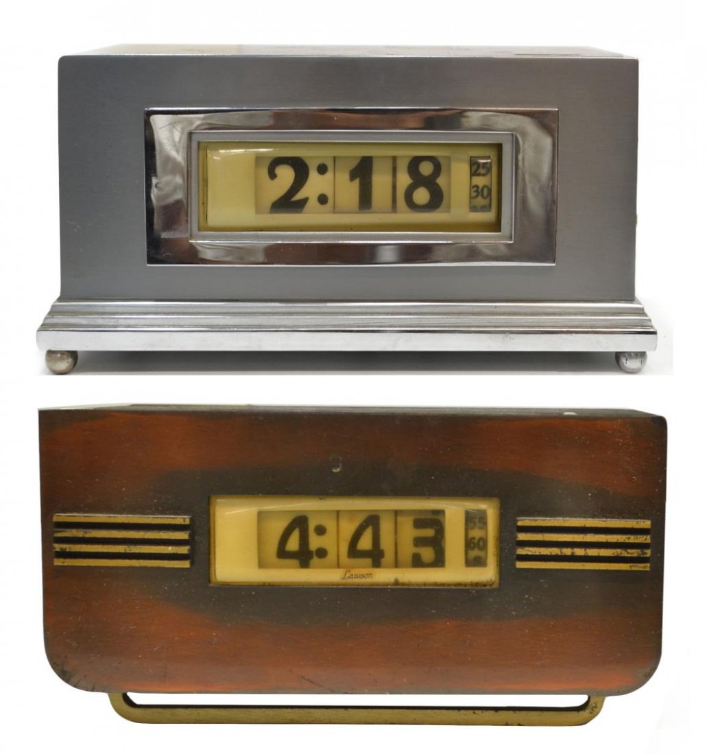 (2) LAWSON ART DECO DESK CLOCKS, KEM WEBER: (lot of 2) Lawson Art Deco desk clocks, California, attributed to Kem Weber (German/American, 1889-1963), featuring (1) in chrome, 1934, (1) in copper with brass accents, c. 1948-1975, largest: 3.75"h