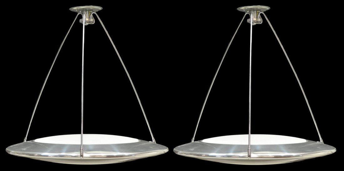 (2) ITALIAN "MIRA C" ALUMINUM BODY CHANDELIERS: (lot of 2) Italian suspension ceiling lights, "Mira C" design by Ezio Didone (Italy, b. 1939), for Flos,Brescia, Italy, chrome wires holding the circular polished aluminum body with frosted glass shad
