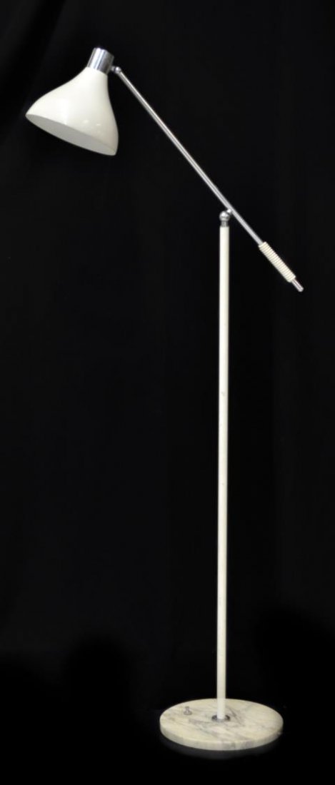 ITALIAN STILNOVO DESIGN STANDING FLOOR LAMP: Italian design mid-century standing floor lamp, Stilnovo (attributed), c. 1950's / 60's, enameled steel with adjustable arm, on a circular marble base, in need of wiring, approx 65.5"h Start Price: $2