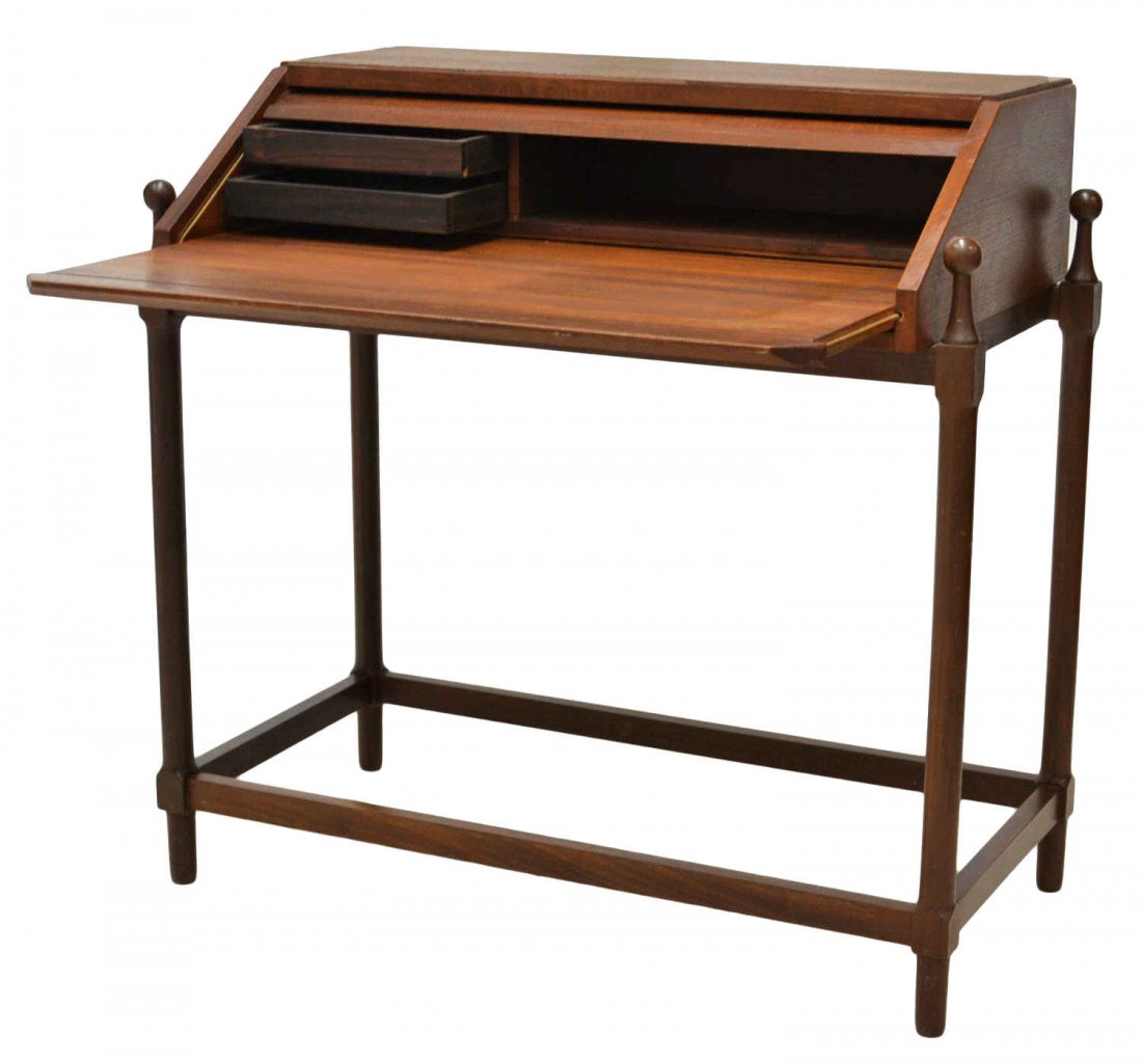 MID-CENTURY FRATELLI PROSPERIO WRITING DESK: Italian teakwood tambour writing desk, design by F.P. Fratelli Proserpio, c. 1950's / 60's, pullout writing surface extending and raising the slanted tambour lid, a pair of rosewood tray drawers and o