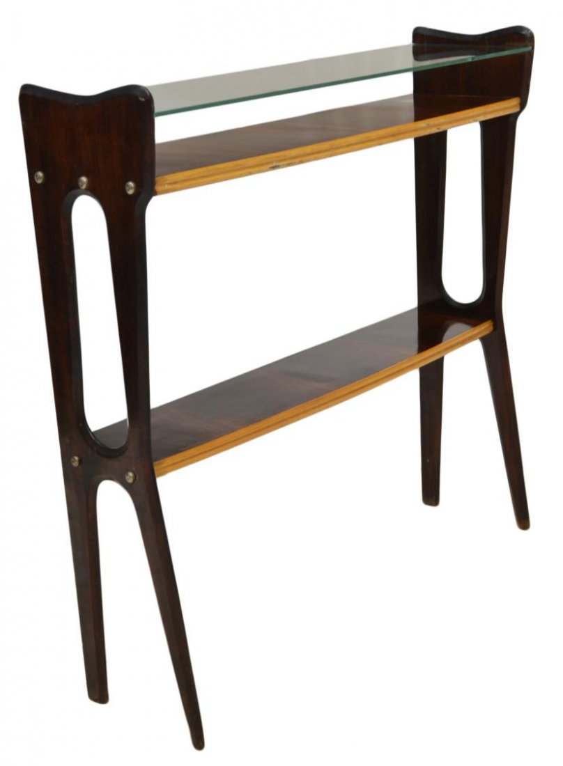 ITALIAN VITTORI DASSI ROSEWOOD & GLASS CONSOLE: Mid-century modern hall table design by Vittorio Dassi (Milan, 1893-1973), Lissone, Italy, c. 1955, matched rosewood veneer on two shelves surmounted by a glass shelf, surface wear, chip to back corne