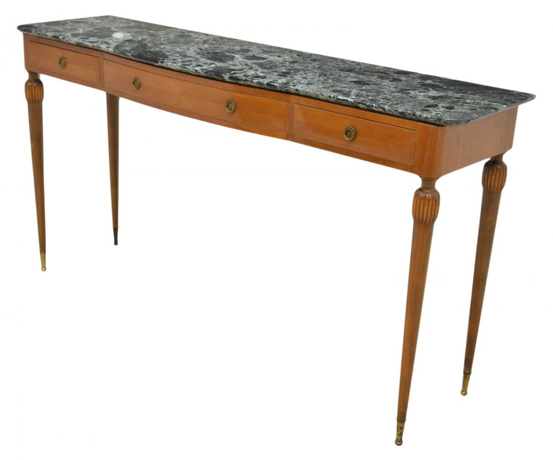 ITALIAN 1950's CONSOLE TABLE, MANNEROF PAOLO BUFFA: Italian console table, c. 1950, design in the manner of Paolo Buffa (Italian, 1903-1970), the marble top with bow center over a conforming frieze drawer flanked by a single drawer at each side, all ri