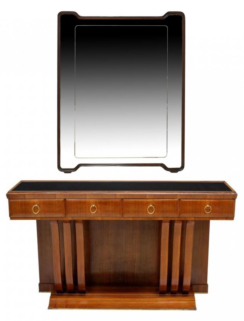 ITALIAN MID-CENTURY MODERN CONSOLE, AFTER BORSANI: (lot of 2) Italian mid-century walnut console table, c. 1950, in the manner of Osvaldo Borsani (Swiss, Italian, 1911-1985), shaped rectangular mirror resting above the black glass panel on the long re