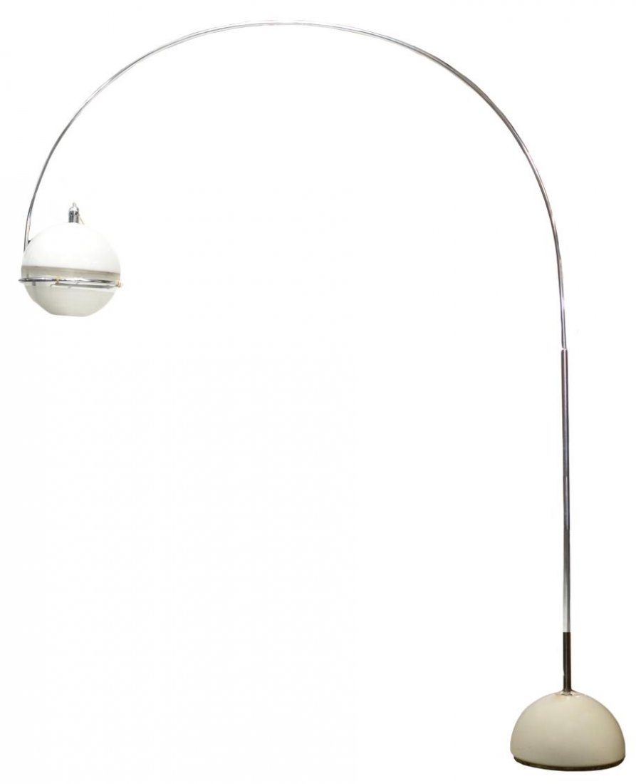 ITALIAN 'FOCUS' FLOOR LAMP, FABIO LENCI (1937): Mid-century modern 'Focus' floor lamp, c. 1970, design by Fabio Lenci (Italian, b. 1937), the globular white and clear plastic shade rising on an arched chromed metal frame, the whole mounted on an en