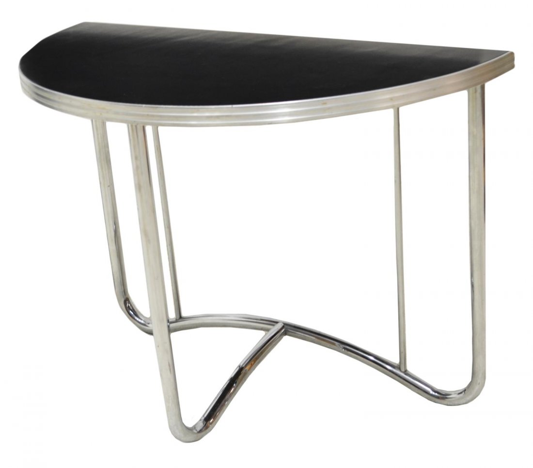 AMERICAN ART DECO CONSOLE TABLE, GILBERT ROHDE: Diminutive American Art Deco demilune console table, design attributed to Gilbert Rohde (1894 - 1944) for Troy Sunshade Co., Troy, Ohio, the ebonized wood top raised on tubular chromed steel supports,