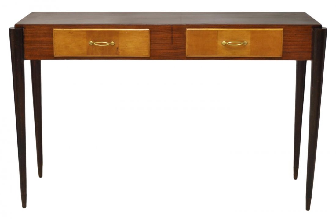 ITALIAN MID-CENTURY MODERN CONSOLE TABLE: Italian mid-century mahogany console table, c. 1960, a long rectangular top, above a pair of aligned contrasting drawers, raised on four cylindrical legs of tapered form, 30"h, 47"w, 15"d Start Price: